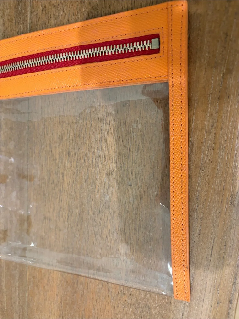 Truffle Clarity Clutch Small Clear Cosmetic Pouch with Orange Trim & Gold Zipper